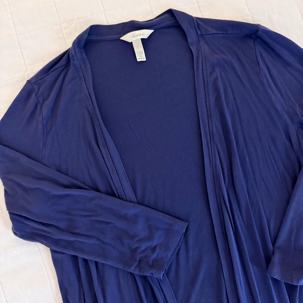 Soma Open Front Cardigan MEDIUM Navy 3/4 Sleeve Soft Stretch Cool Pajamas